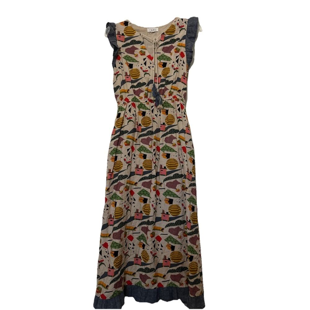 THML Office Print Maxi Rayon Blend Dress Sz Small Lined Tassel Tie Ruffle Sleeve